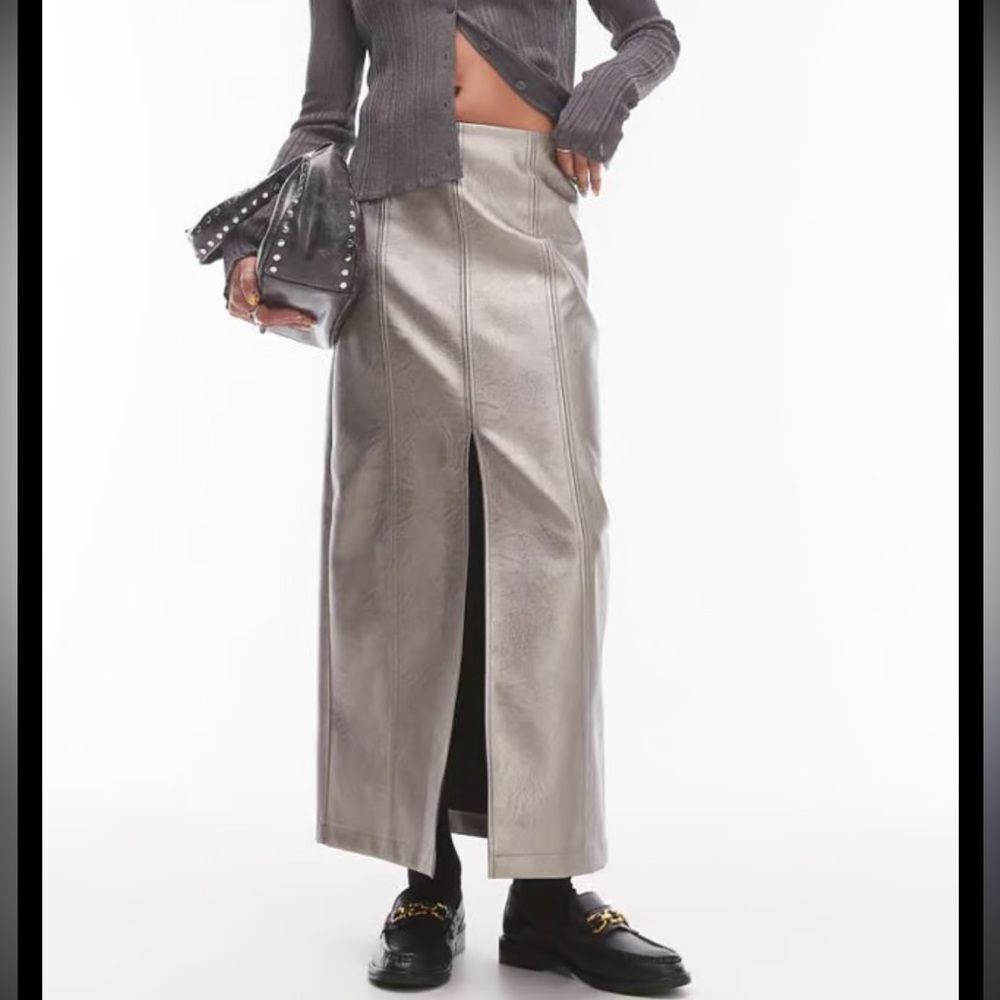 Topshop Silver/Metallic Front High Slit Faux Leather Skirt Size 0